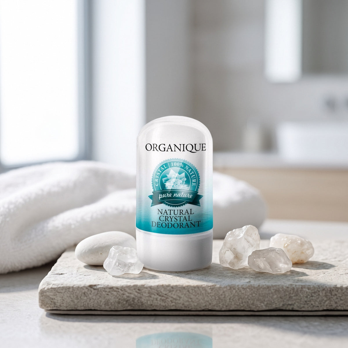 Alum Natural Crystal Deodorant 50 g on a stone slab with raw alum crystals