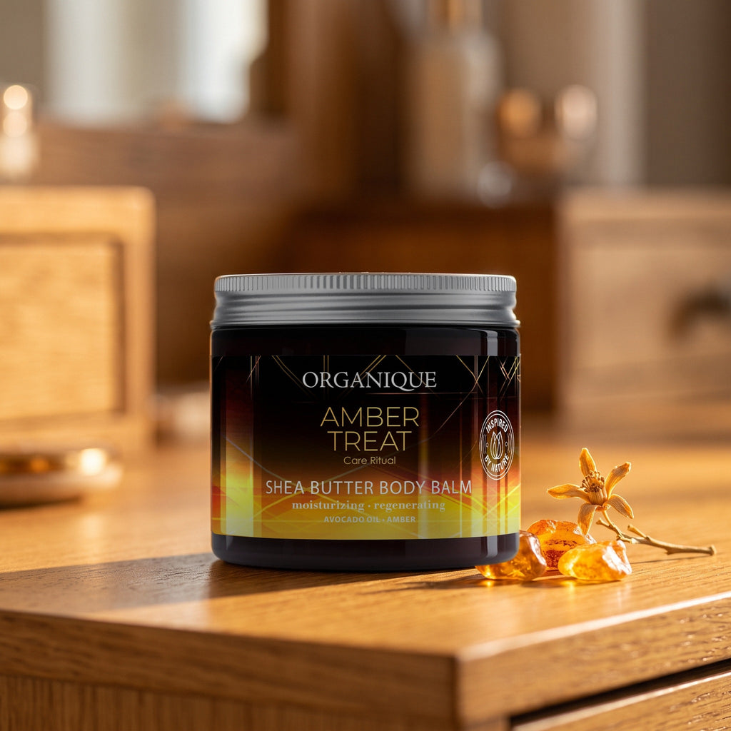 Amber Treat Shea Butter Body Balm 200 ml on a honey-toned wooden vanity with pieces of amber