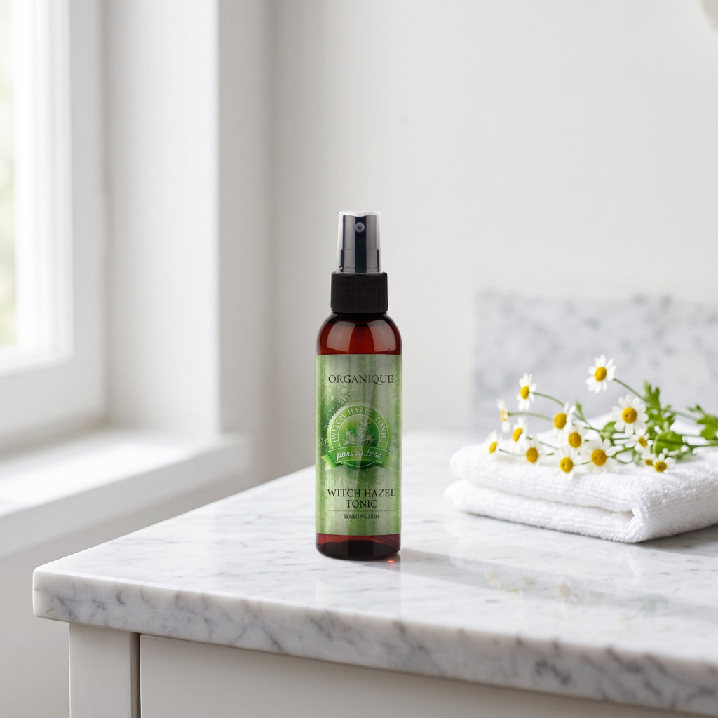 Basic Care Witch Hazel Toner 125 ml on a white marble vanity with a face cloth and chamomile