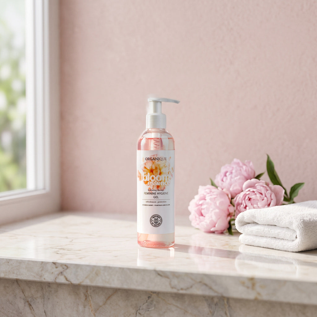 Bloom Essence Intimate Wash 250 ml on a marble ledge with pink peonies and a white towel