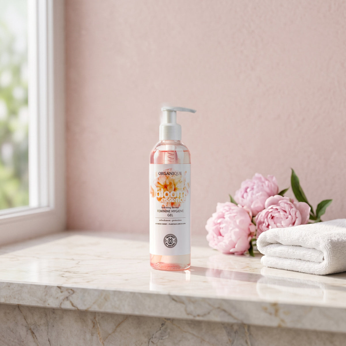 Bloom Essence Intimate Wash 250 ml on a marble ledge with pink peonies and a white towel