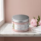Bloom Essence Sugar Scrub 450 g on a marble ledge with pink peonies and a white towel