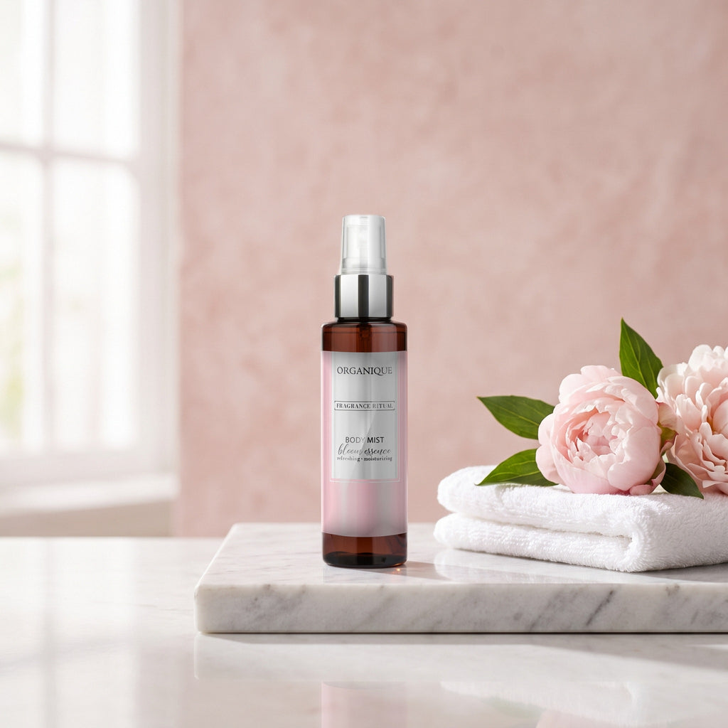 Body Mist – Bloom Essence 100 ml on a marble ledge with pink peonies and a white towel