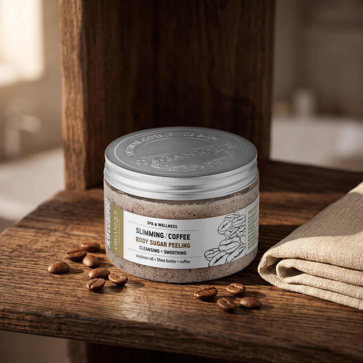 Coffee Sugar Scrub 450 ml on a dark wooden shelf with coffee beans