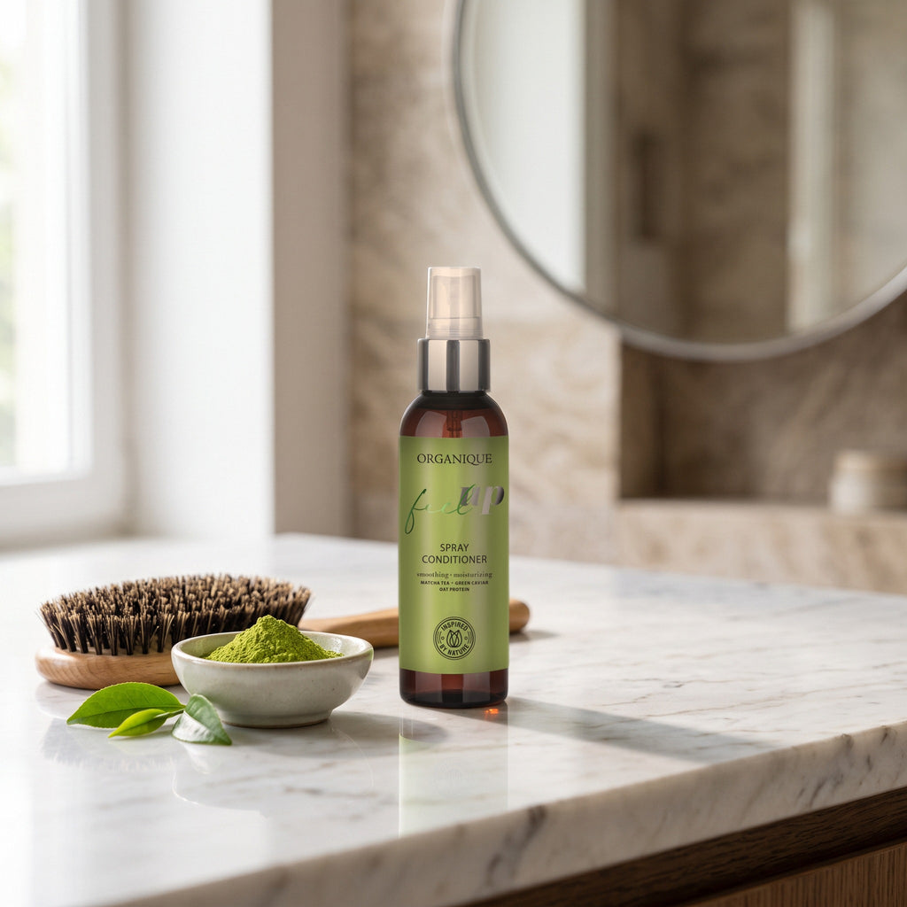 Feel Up Spray Conditioner 125 ml on a marble vanity with a wooden hairbrush and matcha