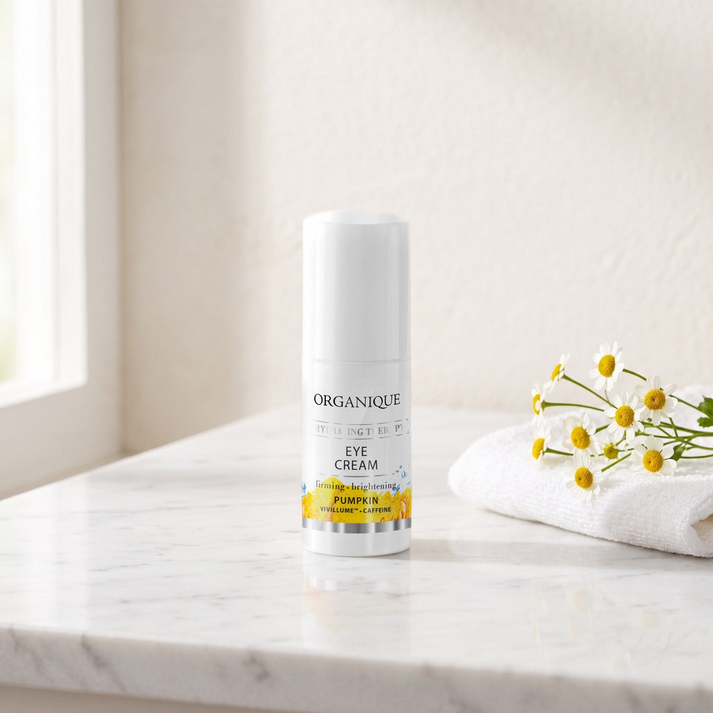 Pumpkin Hydrating Eye Cream 20 ml on a white marble vanity with a face cloth and chamomile