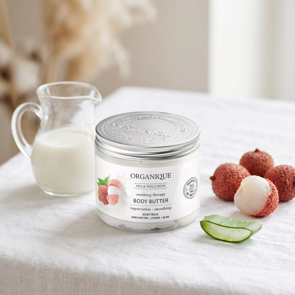 Milk Body Butter 200 ml on linen with a jug of milk, lychees and aloe vera