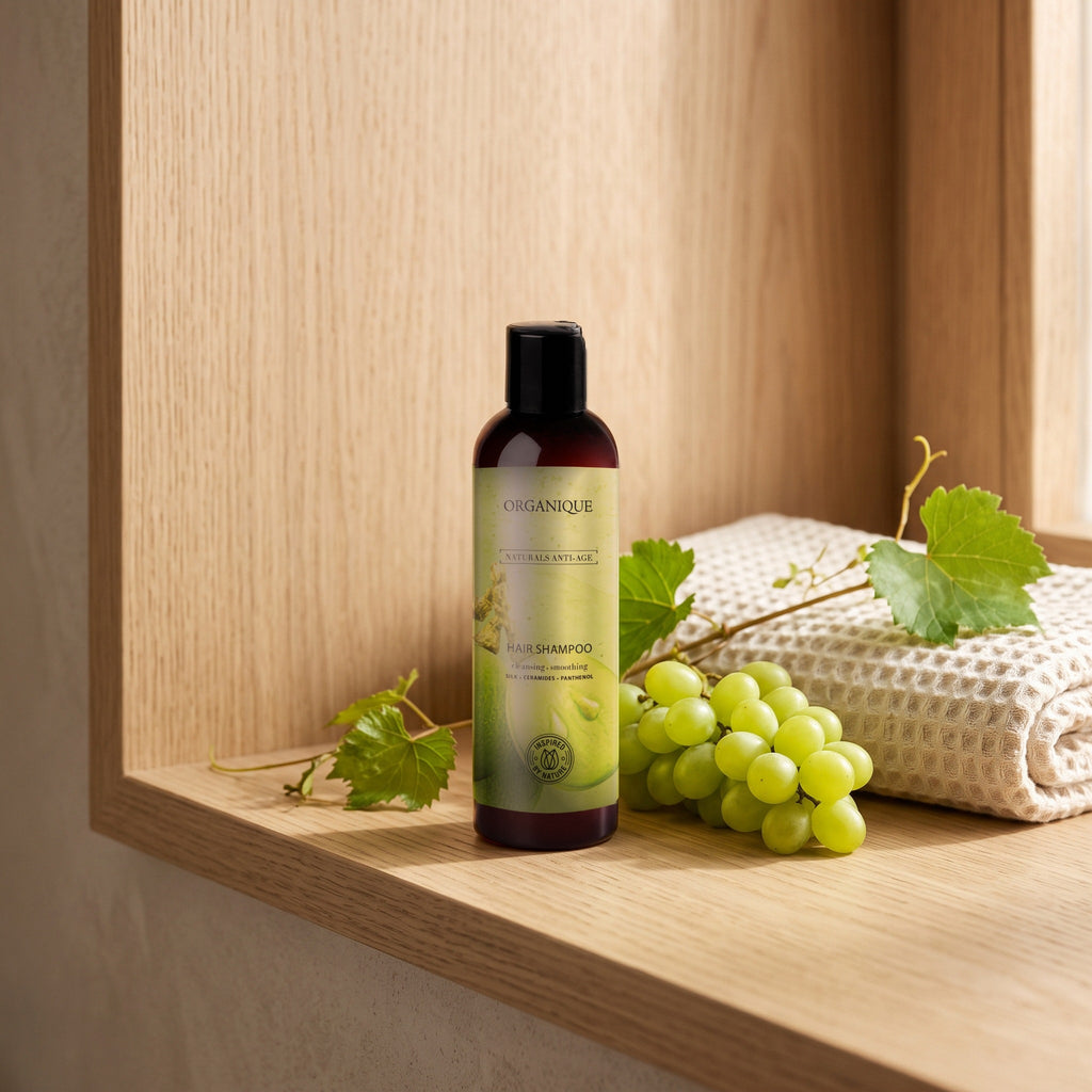 Naturals Anti-Age Shampoo 250 ml on an oak shelf with green grapes and a towel