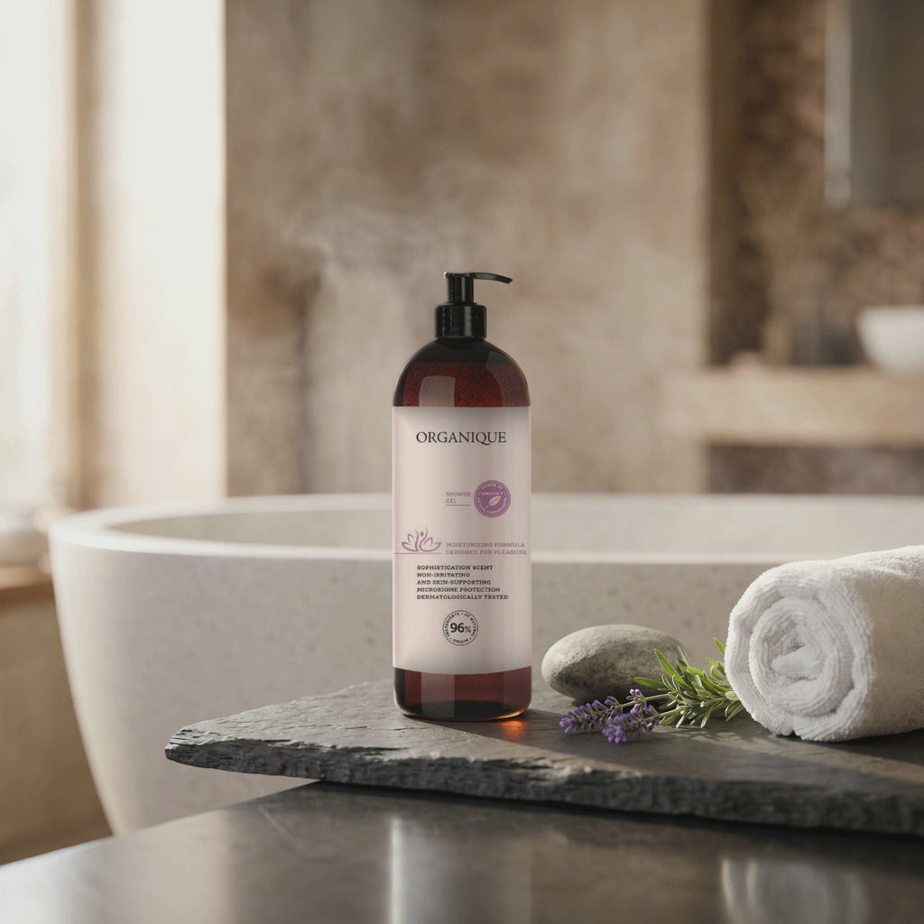 Xeradin Shower Gel 1000 ml – short looping video: steam rises from the bath and the lavender trembles