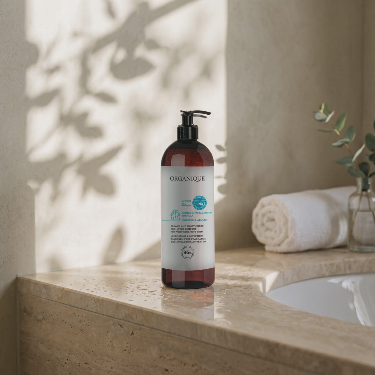 Family Shower Gel with Iricalmin 1000 ml – short looping video: leaf shadows sway on the wall and light glints on the wet stone