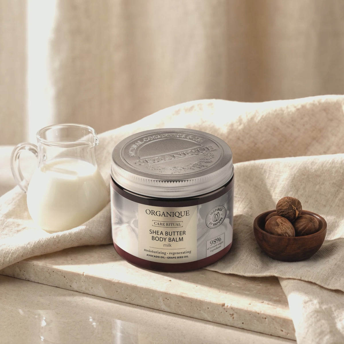 Shea Butter Body Balm – Milk 200 ml – short looping video: the linen behind it ripples softly