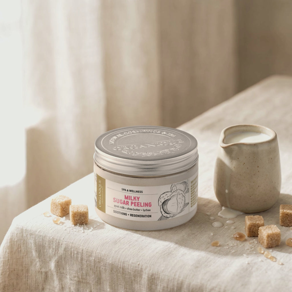 Milk Sugar Scrub 450 ml – short looping video: a sheer linen curtain sways behind it