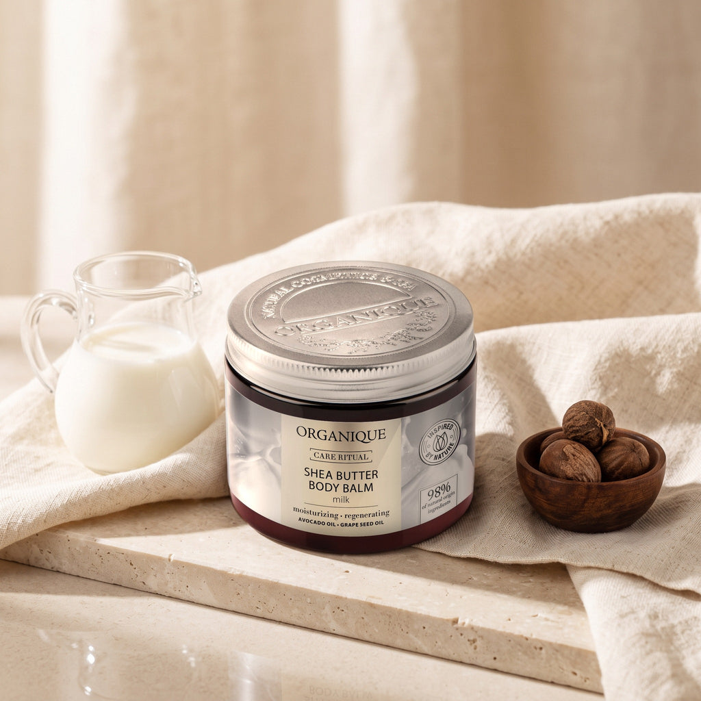 Shea Butter Body Balm – Milk 200 ml on linen with a jug of milk and shea nuts