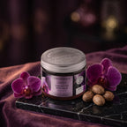 Shea Butter Body Balm – Black Orchid 200 ml on black marble with orchids and shea nuts