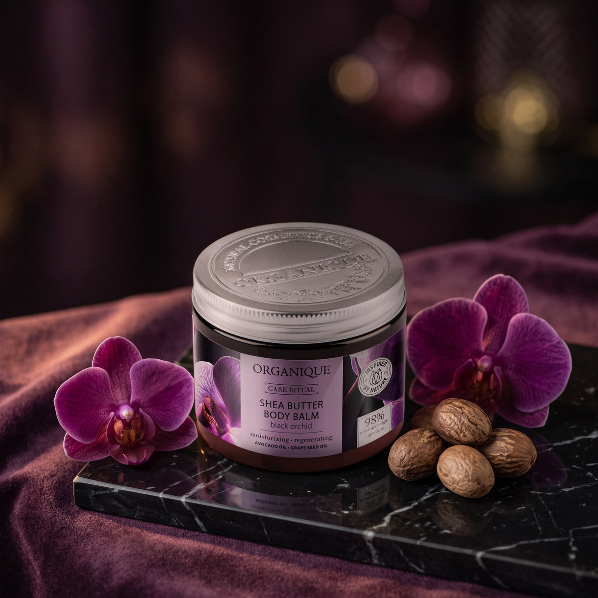 Shea Butter Body Balm – Black Orchid 200 ml on black marble with orchids and shea nuts
