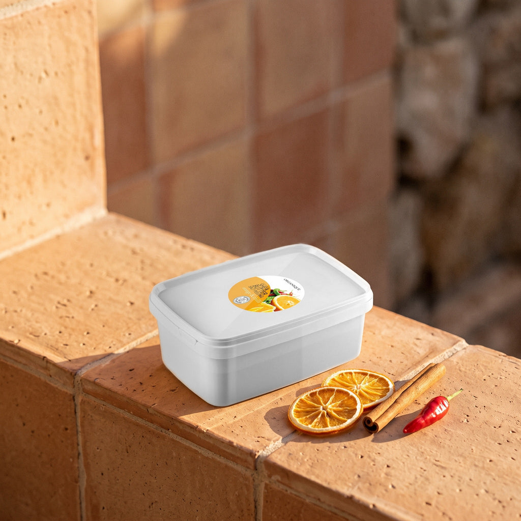 Shea Butter Salt Scrub – Orange & Chili 1 kg on a terracotta ledge with dried orange slices, cinnamon and a red chilli