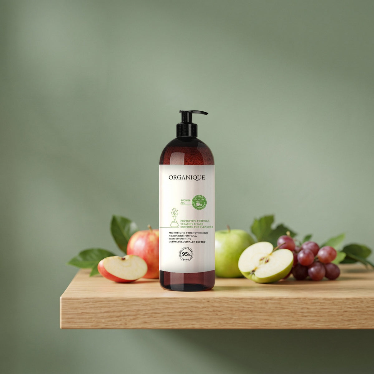 Polyplant Fruits Shower Gel 1000 ml on an oak shelf with fresh fruit
