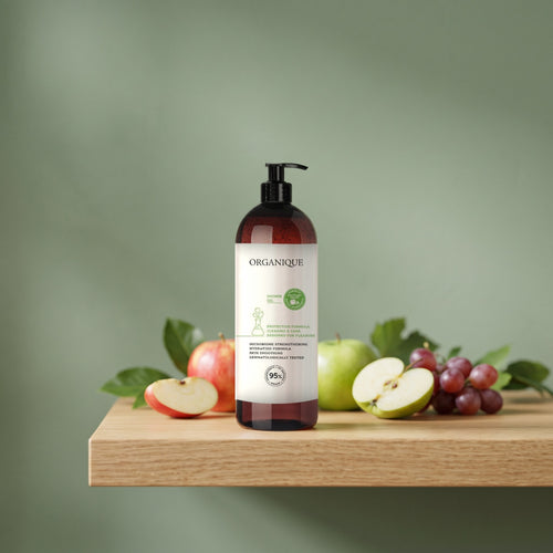 Polyplant Fruits Shower Gel 1000 ml on an oak shelf with fresh fruit