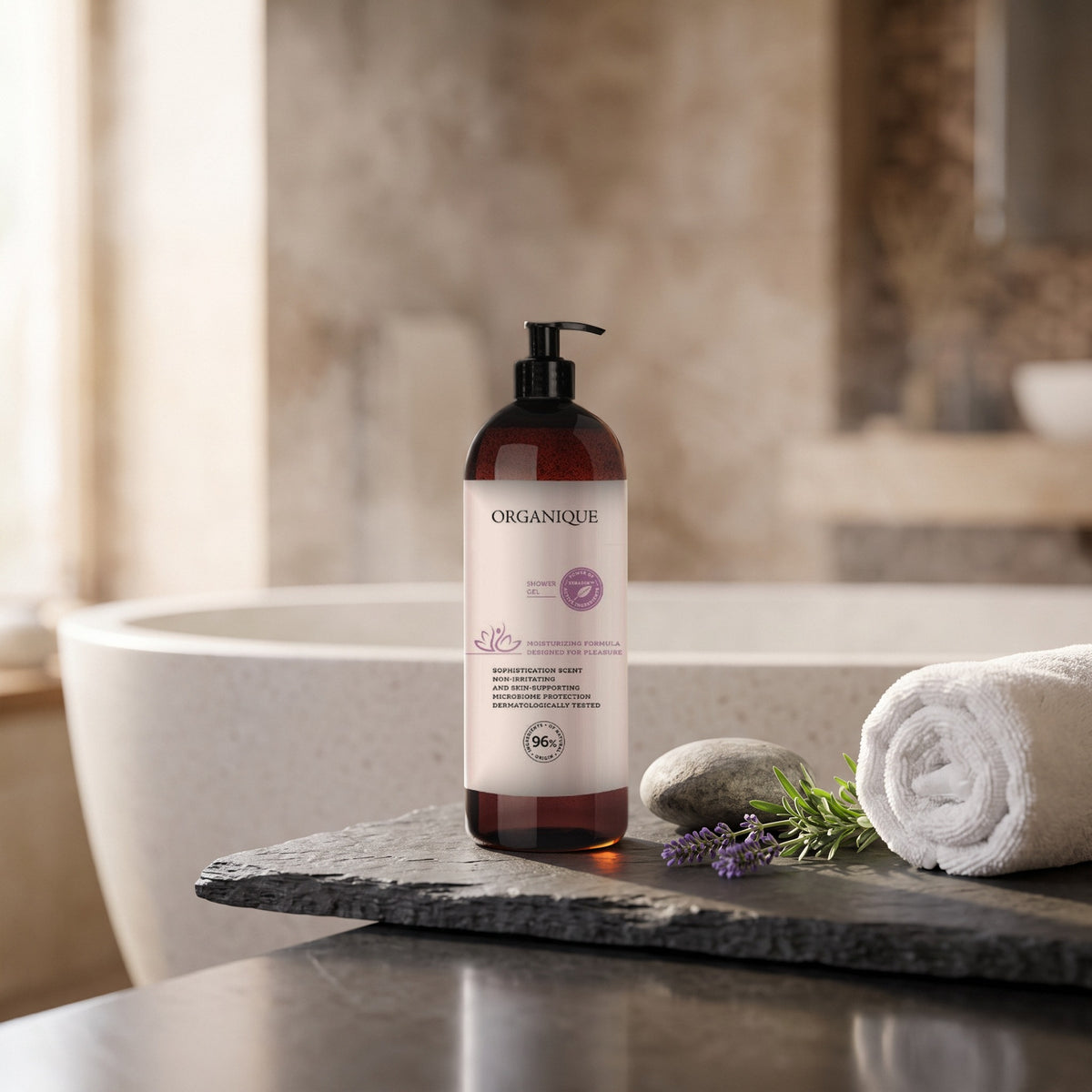 Xeradin Shower Gel 1000 ml on a slate ledge beside a bathtub with a towel