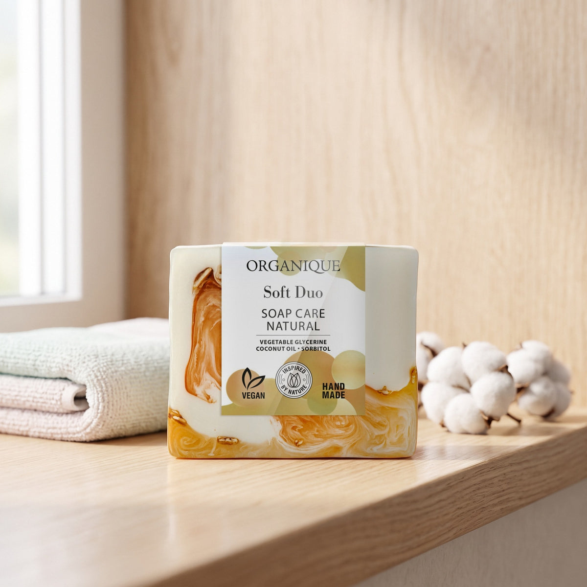 Natural Soap Cube – Soft Duo 100 g on a ledge with a soft towel and cotton flowers