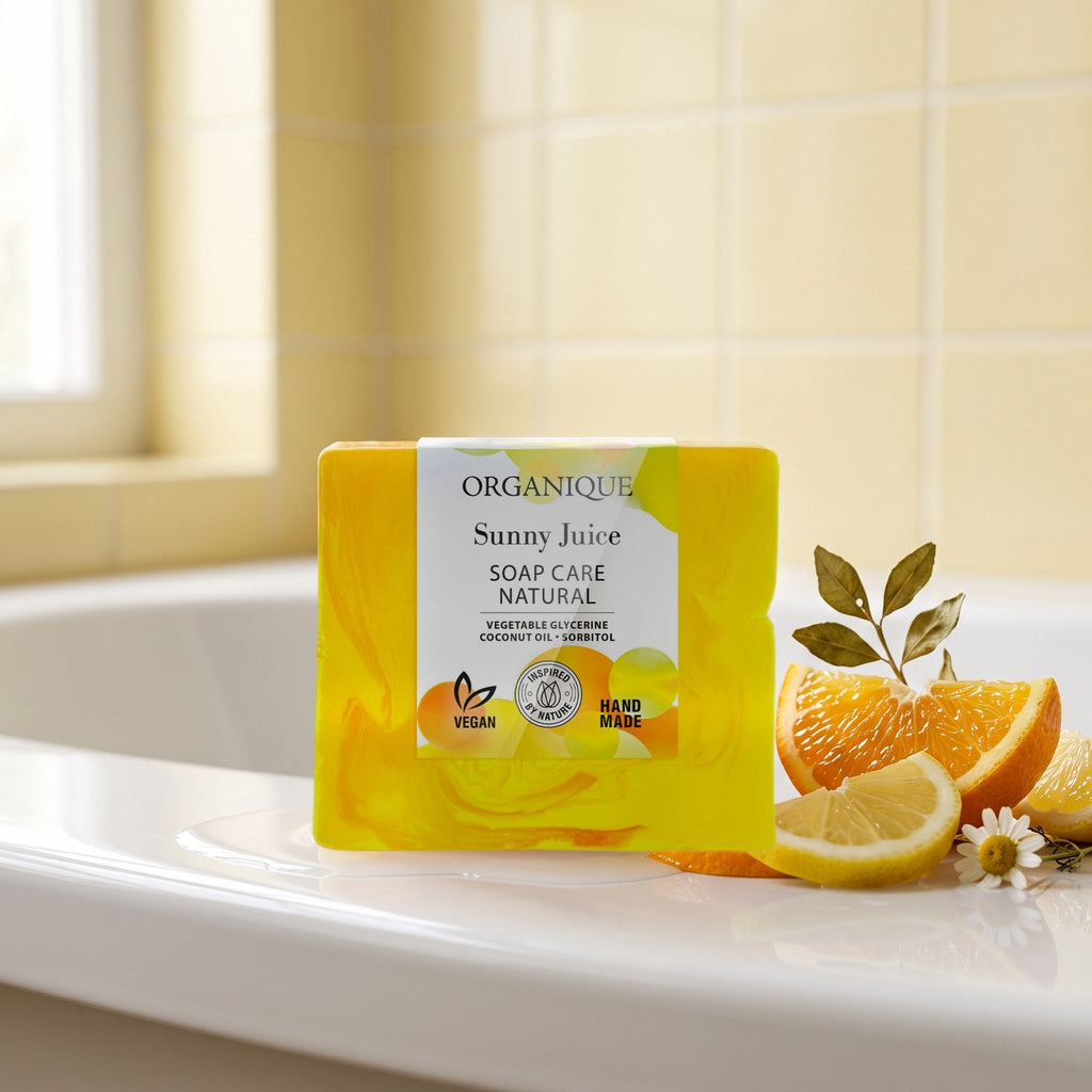 Natural Soap Cube – Sunny Juice 100 g on the rim of a bathtub with orange and lemon slices